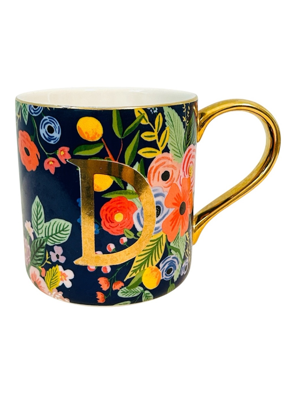 Rifle Paper Co for Anthropologie Navy Floral Mug with Gold Handle and Monogram D